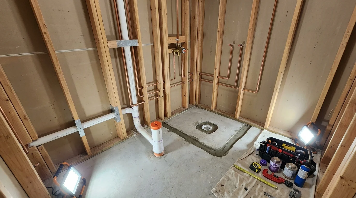 Bathroom rough-in plumbing during remodel by Johns Plumbing LLC in Avon
