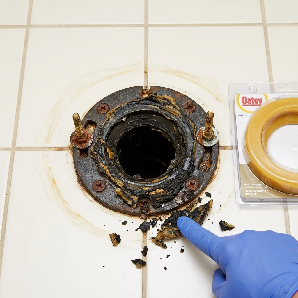 Failed wax ring showing water seepage at the base of a toilet in a Avon, MN home