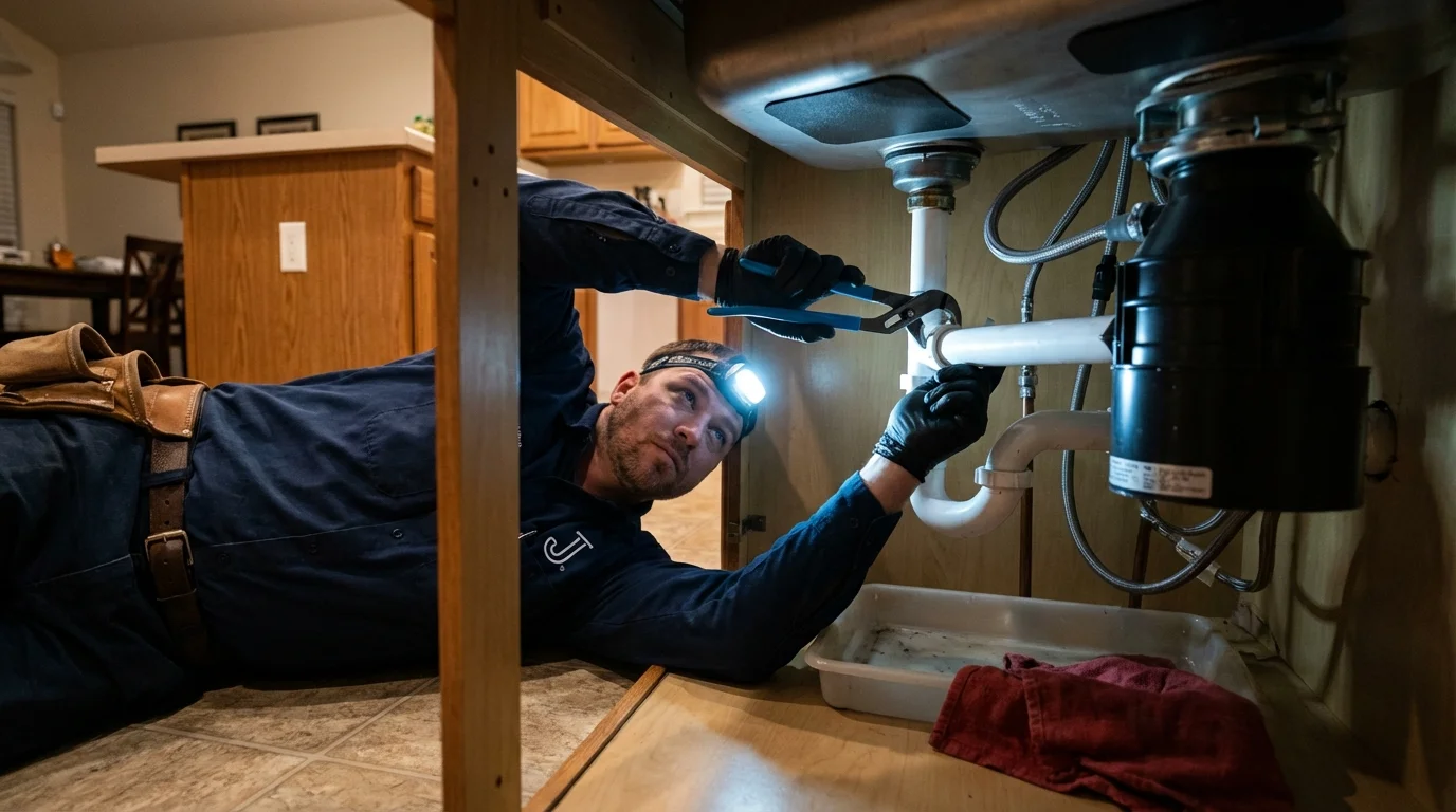 P-trap and supply line connections under a kitchen sink showing a common leak point in Avon, MN